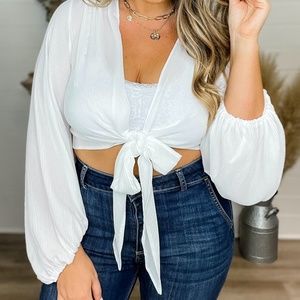 Brand New Plus Size White Crop Balloon Sleeve Wrap Top